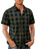 themeisles Men's Summer Casual Cotton Cardigan Shirt Short-sleeved Shirt Men's Shirt Plaid Lapel Shirt S,M,L,XL,XXL