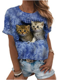 themeisles Retro Cartoon Cat Puppy Cute 3D Print Round Neck Short Sleeve T-shirt Women's S M L XL 2XL 3XL 4XL 5XL