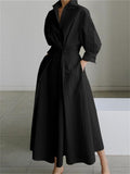 themeisles Solid Women's Vintage Lapel Shirt Long Sleeve Big Hem Cotton Linen Black Dresses