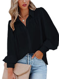 themeisles Urban Style Buttoned Blouse Lantern Sleeves Ruffled Solid Color Collar Loose Shirt Long-sleeved Women's