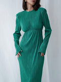 themeisles Solid Color Pleated Hollow Backless Loose Long Sleeves Round-Neck Midi Dresses