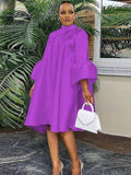 themeisles Urban Buttoned Solid Color Stand Collar Flared Sleeve Loose Midi Dress