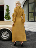 themeisles Original Loose Long Sleeves Tied Pleated Falbala Solid Color V-Neck Maxi Dresses