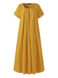 themeisles Simple Solid Color U-Neck Pleated Short Sleeves Maxi Dress