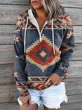 themeisles Women's Hoodie Sweatshirt Pullover Basic Ethnic Zipper Front Pocket Light Yellow Creamy-white Red-brown Geometric Tribal Street Hoodie Long Sleeve S M L XL 2XL 3XL