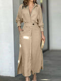 themeisles Solid Color Long Sleeves Lapel Collar Maxi Dresses