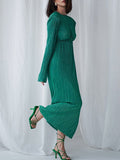 themeisles Solid Color Pleated Hollow Backless Loose Long Sleeves Round-Neck Midi Dresses