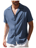 themeisles Men's Loose Simple Solid Color Lapel Casual Linen Shirt Short-sleeved Beach Shirt