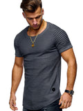 themeisles Men's Summer Round Neck Slim Solid Color Short-sleeved T-shirt Striped Pleated Inserted Sleeve Casual Men's Short T