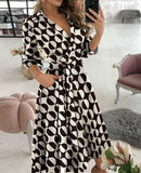 themeisles Spring/summer Fashion Long-sleeved V-neck Print Hip Dress Women's Wear