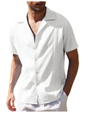 themeisles Men's Loose Simple Solid Color Lapel Casual Linen Shirt Short-sleeved Beach Shirt