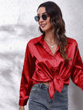 themeisles Explosive Real Shot Satin Shirt Female Satin Simulation Silk Long-sleeved Single-breasted Shirt New Straight Type Lapel Women