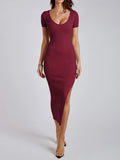 themeisles Split-side Solid Color Skinny Short Sleeves Round-neck Midi Dresses