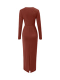 themeisles Solid Color Bowknot Long Sleeves Bodycon V-neck Maxi Dresses