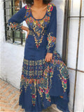 themeisles Spring and Summer Printed Round Neck Long Stitched Long Sleeved Dress