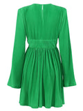 themeisles Zipper Solid Color Pleated High-Waisted Flared Sleeves A-line Round-neck Mini Dresses