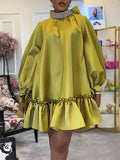 themeisles A-Line Long Sleeves Bowknot Pleated Rhine Stones Ruffled Solid Color Mock Neck Mini Dresses