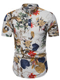 themeisles Men's Summer New Men's Cotton Linen Pullover Stand-up Collar Loose Short-sleeved T-shirt Men's Floral Half-sleeved T-shirt Male