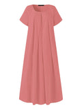 themeisles Simple Solid Color U-Neck Pleated Short Sleeves Maxi Dress