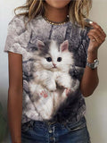 themeisles Faux Cotton Female Short-sleeved T-shirt Cute Cats 3D Printing Women's Clothing