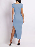 themeisles Split-side Solid Color Skinny Short Sleeves Round-neck Midi Dresses