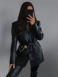 themeisles Solid Color Suit Collar Fake Pocket Fashion Casual Women's Leather Coat