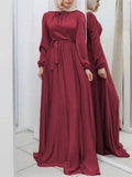 themeisles Tied Waist Solid Color Pleated Loose Long Sleeves Maxi Dresses