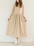 themeisles Casual Loose Long Sleeves Solid Color Round-Neck Midi Dresses