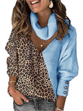 themeisles Autumn and Winter New Women's Leopard Print Color Blocking Temperament V-neck Loose Scarf Hollowed Knitwear