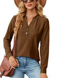 themeisles Autumn Urban Style Solid Color V-neck Button Jacquard Loose Long-sleeved Temperament Commuter T-shirt Tops for Women