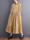 themeisles Simple Half Sleeves Loose Solid Color Lapel Collar Midi Dresses