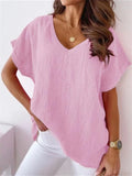 themeisles Summer Solid Color Cotton Linen Short-sleeved V-neck Shirt T-shirt Women