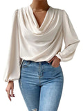 themeisles New Chiffon Pile Collar Pleated Long-sleeved Shirt Lantern Sleeves Loose Draped V-neck Comfortable Casual Tops T-shirt Women