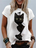 themeisles Women's 3D Cat Print Round Neck Short-sleeved T-shirt Female Summer Brown White