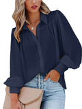 themeisles Urban Style Buttoned Blouse Lantern Sleeves Ruffled Solid Color Collar Loose Shirt Long-sleeved Women's