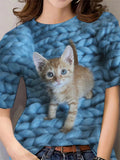 themeisles Casual Kitten Print Short-sleeved Round Neck T-shirt Women's Tops