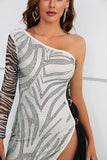 themeisles Zebra Print Rhinestone Slit Single Shoulder Dress