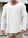 themeisles Autumn New Solid Color Men's Long-sleeved Round Neck Battle Damaged Version of Casual Loose Type Casual T-shirt Tops