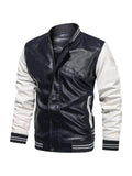 themeisles Men's Solid Color Insert Color Collision Threaded Cuffs PU Leather Jacket Men's Casual Stand-up Collar Zipper Jacket Man