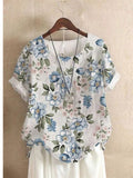 themeisles Women's Shirt Blouse White Light Green Royal Blue Floral Print Short Sleeve Casual Holiday Basic Round Neck Regular Floral S