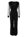 themeisles Women's Jumpsuit Mesh Sequin Solid Color V Neck Elegant Party Prom Regular Fit Long Sleeve Black S M L Spring