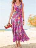 themeisles Women's Sleeveless U-neck Printed Long Dress Summer New Bohemian Vacation Beach A-line Dress Dress