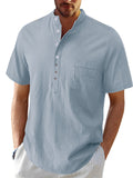 themeisles Men's Short-sleeved Beach Shirt Men's Cotton Linen Buttons Solid Color Blouse S-2XL