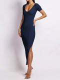 themeisles Split-side Solid Color Skinny Short Sleeves Round-neck Midi Dresses