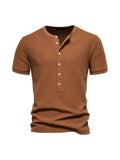 themeisles Henley Collar Knit Slim Short-sleeved T-shirt Shirt Casual Button Round Neck Men's Solid Color Waffle Pullover T-shirt