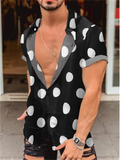 themeisles Men's Beach Polka Dot Slim Printed Short Sleeve Shirt Summer White Black Yellow