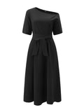 themeisles Diagonal Shoulder Collar Strap Waist Closing Temperament Solid Dress