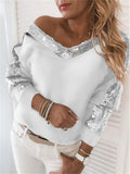 themeisles Autumn and Winter Solid Color Casual Pullover Women's Sequin Splicing Plush Long Sleeve Loose V-Neck Urban Casual Top