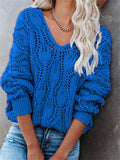 themeisles Women's Jumper Crochet Knit Hollow Out Knitted Solid Color V Neck Stylish Sexy Daily Going out Drop Shoulder Winter Fall Blue Orange S M L / Long Sleeve / Sweater / Regular Fit