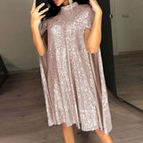 themeisles Women's Party Dress Sequin Dress Short Mini Dress Silver Gold Sleeveless Pure Color Sequins Split Spring Fall Crew Neck Party Stylish Elegant Party